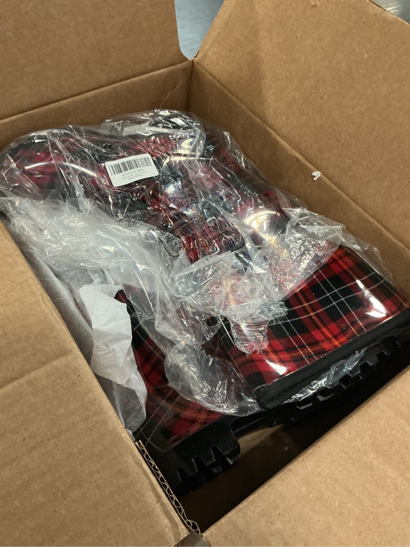 Condition photo showing As Is for smilin colorful rain boots for women mid-calf waterproof anti-slip slim calf garden shoes red plaid us size 9