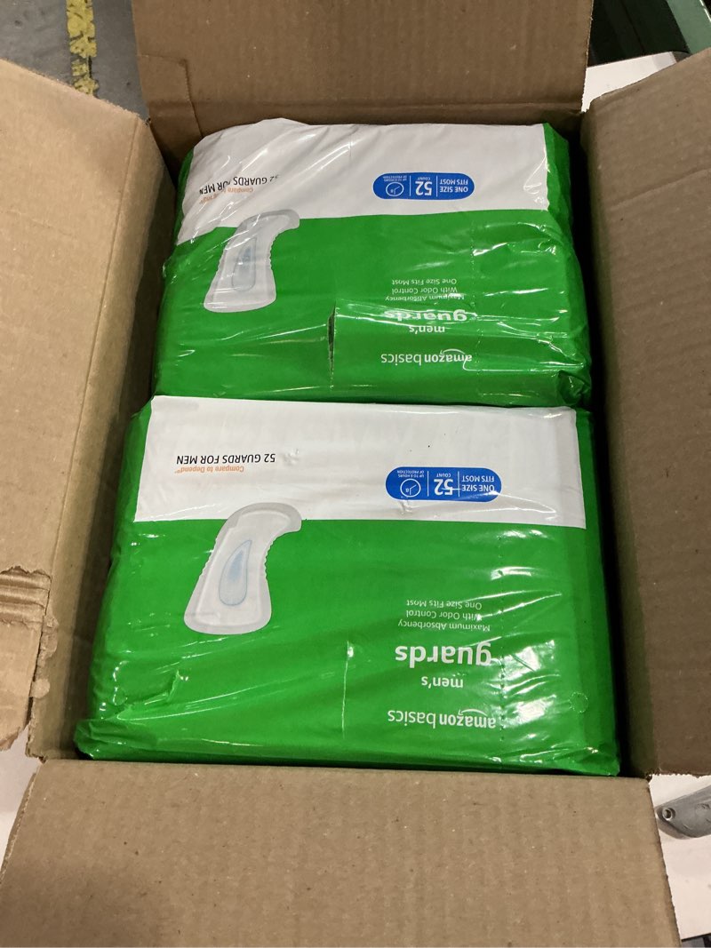 Condition photo showing New/Like New for Amazon Basics Men's Incontinence Guards, Maximum Absorbency, 104 Count, (2 Packs of 52)