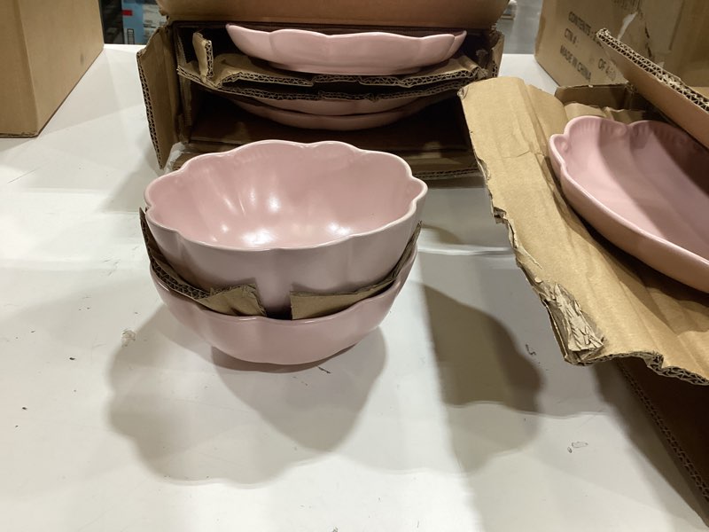 Condition photo showing As Is for sango 12 pieces scalloped dinnerware set, modern pink dishes for 4, premium serving plates & bowls sets, chip resistant, blush ceramic dishware, kitchen dish, microwave & dishwasher safe, bethany pink 12-piece set