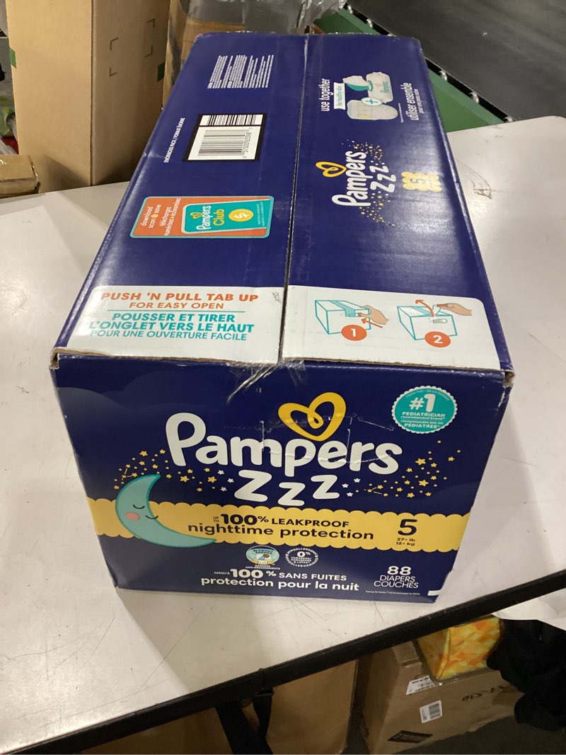 Condition photo showing New/Like New for pampers zzz overnight diapers, size 5 (27+ lbs), 88 count, nighttime protection disposable baby diaper, night time leak and skin protection size 5 88