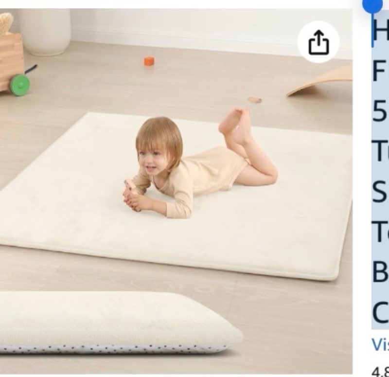 huloo sleep baby play mat for floor,1.3" thick elasti-foam 50"×50" playpen mat for tummy time,water repellent soft coral velvet for toddler,infant,kids,non-slip backing safe for crawling(cream