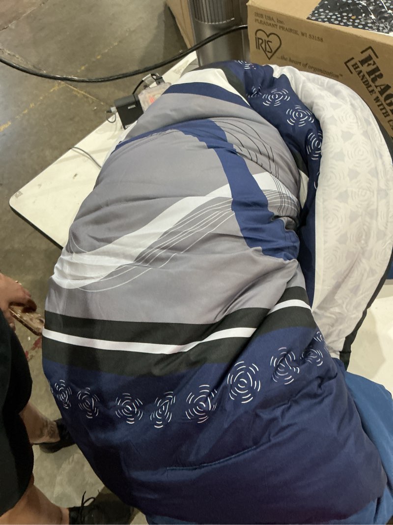 Condition photo showing Good Condition for anibedding comforter set king size,8 pieces navy blue boho bed in a bag patchwork striped comforter set, soft microfiber bedding set for all season(104"×90") king navy blue