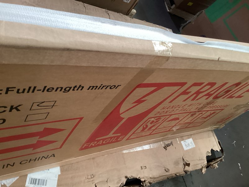 Condition photo showing As Is for Arched Full Length Mirror Black, 65''x 22'' Oval Body with Metal Frame, Large Hanging Top for Bedroom, Living Room, Entryway, Bathroom 65x22 inch Black 65"L x 22"W