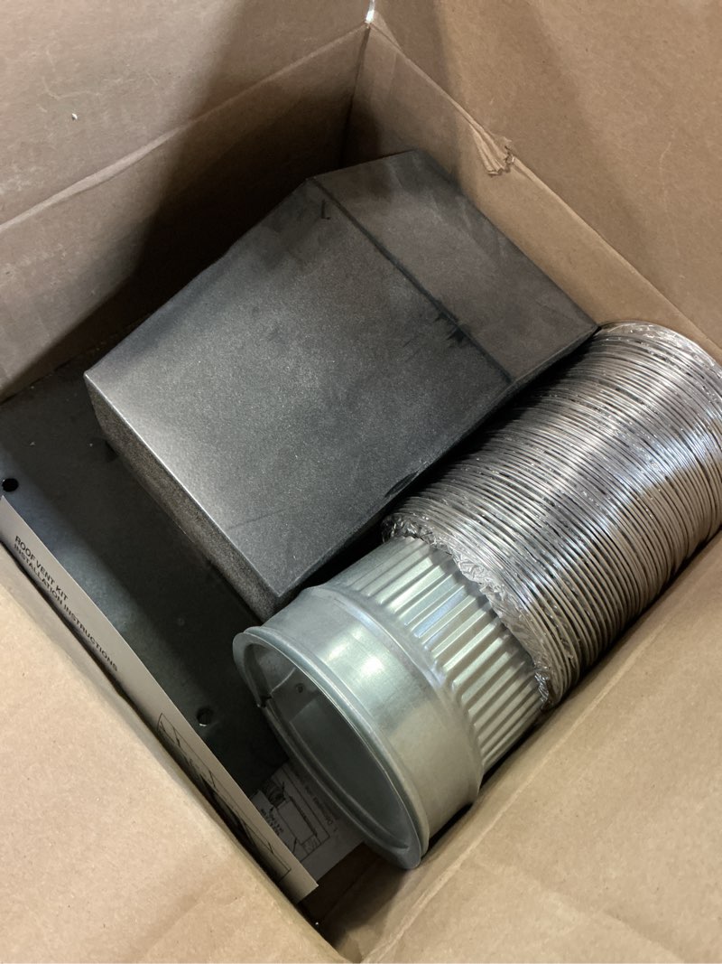 Condition photo showing As Is for broan-nutone 11 in. h x 11 in. w x 9.25 l x 4 in. d powder-coated black steel roof vent