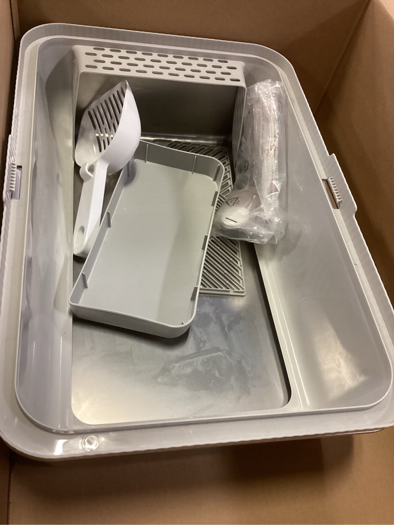 Condition photo showing As Is for enclosed stainless steel cat litter box with lid extra large litter box for big cats xl metal litter pan tray with high wall sides enclosure, non-sticky, anti-leakage, easy cleaning 6"deep light grey (1 pack) 1