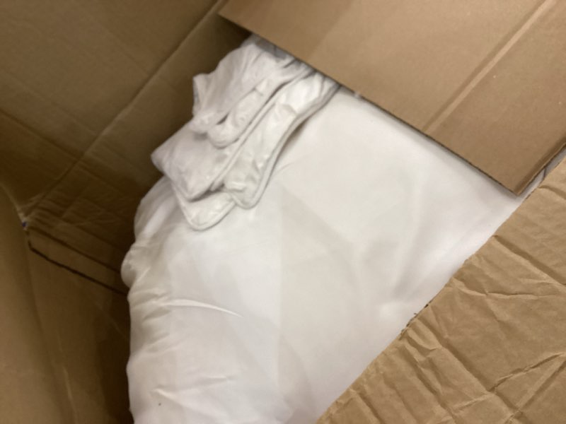 Condition photo showing As Is for Amazon Basics Warm, Breathable Queen Size Comforter Sets, All-Season Down-Alternative 3-Piece Bedding Set, Pinch Pleat Design, Full/Queen Size, Cream Cream Full/Queen