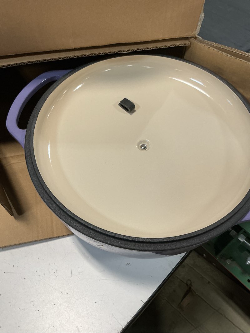 Condition photo showing As Is for Lodge 6 Quart Enameled Cast Iron Dutch Oven with Lid – Dual Handles – Oven Safe up to 500° F or on Stovetop - Use to Marinate, Cook, Bake, Refrigerate and Serve – Lilac