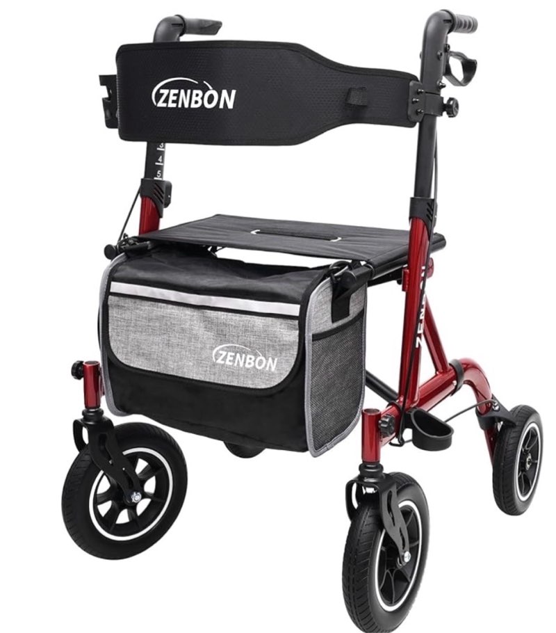 rollator walker for seniors/adults foldable rolling walker with seat 330 lbs capacity 10 inch wheels hand grips adjustable height lightweight durable aluminum walker removable back support 7210(red