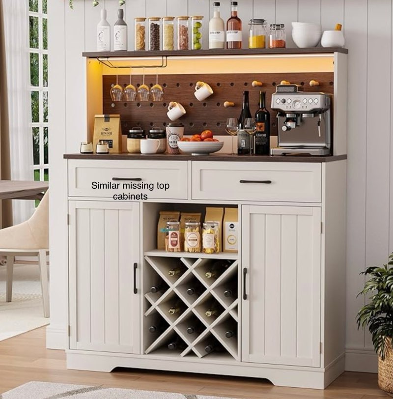 incomplete!!     farmhouse coffee bar cabinet with led light and power outlet, kitchen coffee bar with hutch, sideboard buffet cabinets with pegboard & wine & 2 drawers with 2 shelves & storage for living room, white