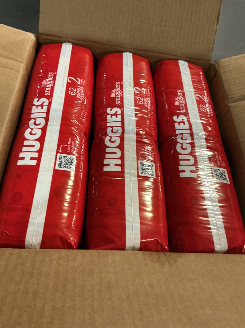 Condition photo showing New/Like New for Huggies Size 2 Diapers, Little Snugglers Baby Diapers, Size 2 (12-18 lbs), 186 Count (3 Packs of 62), Packaging May Vary