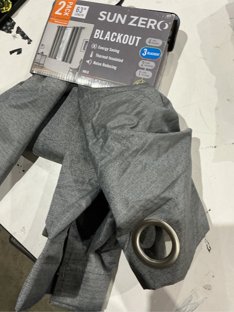 Condition photo showing As Is for sun zero 2-pack arlo textured thermal insulated grommet curtain panel pair, gray, 40" w x 63" l