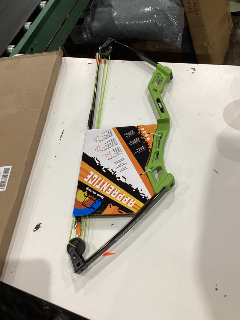 Condition photo showing New/Like New for bear archery apprentice bow set. flo green