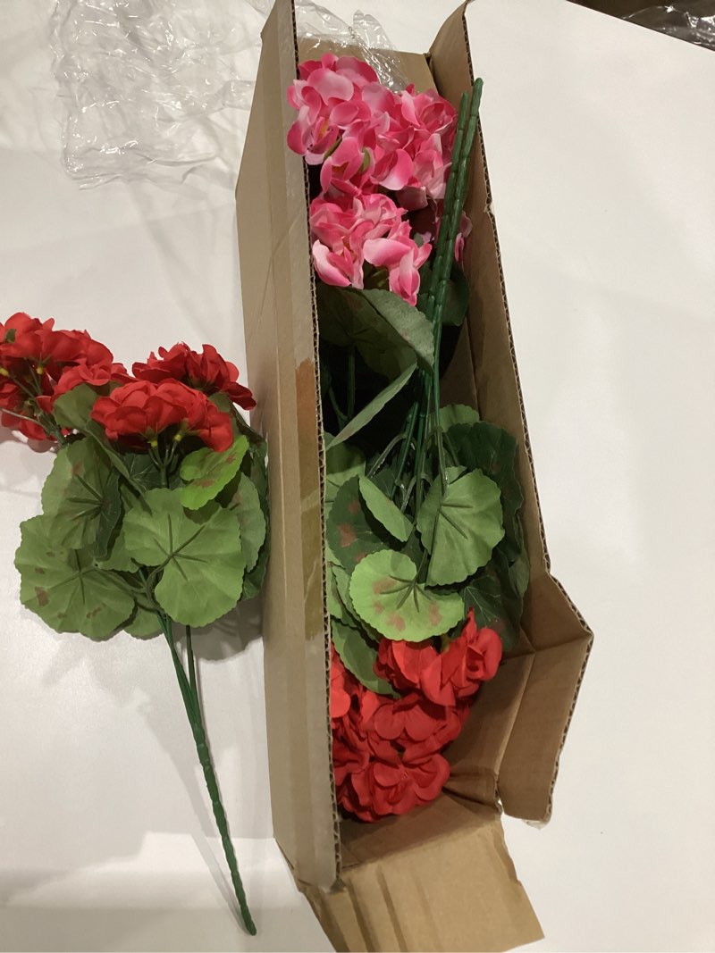 Condition photo showing Good Condition for Fake Geraniums Artificial Flowers for Outdoors Outside, 6 Bundles Fuchsia Silk Geraniums Fake Flowers Plants Realistic UV Resistant Faux Flowers for Outdoor Planters Garden Balcony Yard Porch Indoor, SIMILAR TO STOCK PHOTO