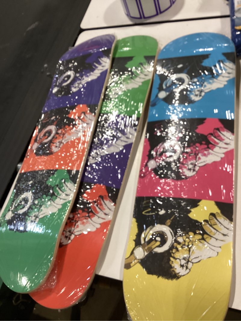 Condition photo showing New/Like New for banksy skateboard wall art – graffiti canvas on 7-ply maple decks – 3 piece monkey pop art skateboard decor for bedroom, living room, office or game room (banksy monkey warhol 3-piece set)