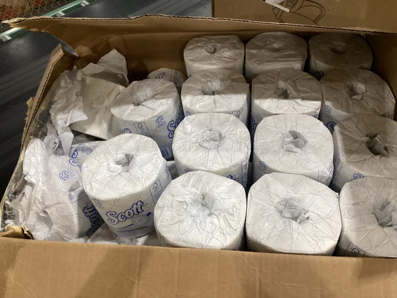 Condition photo showing As Is for *box daged* scott professional 100% recycled fiber standard roll bulk toilet paper (13217), 2-ply, elevated design, white, individually wrapped (80 rolls of 473 sheets, 37,840 sheet total)m
