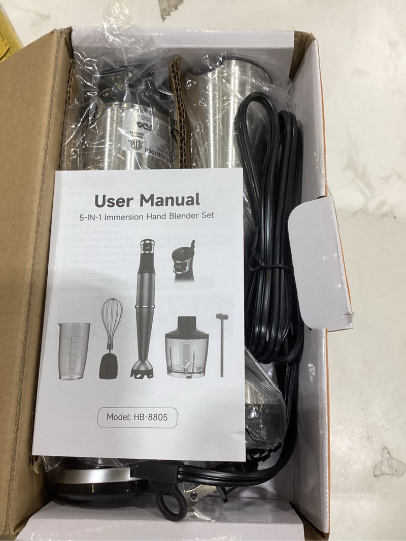 Condition photo showing As Is for Immersion Blender Handheld Corded Hand Blenders Set 1100W, Trigger Variable Speed 5 in 1 Stick Emulsifier with Chopper, Whisk and Frother for Soup, Baby Food and Smoothies Black