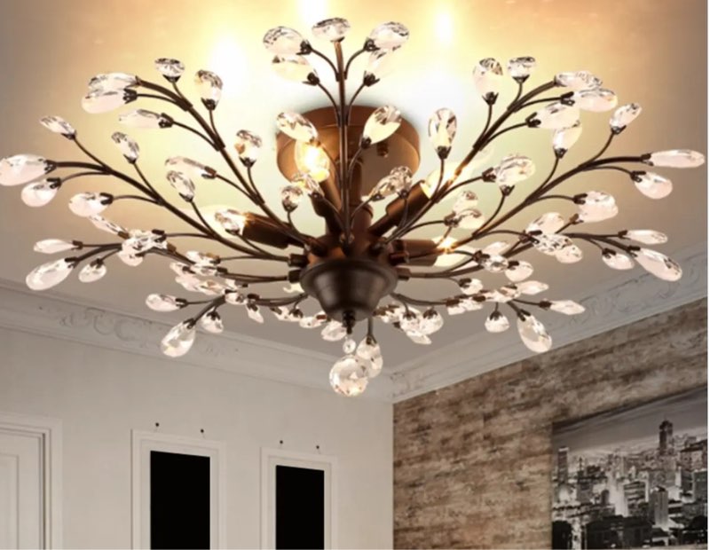 5 Light Dimmable Semi Flush Mount With Crystal Chandelier 