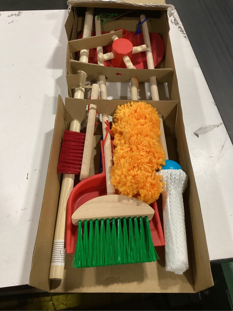 Condition photo showing New/Like New for melissa & doug dust sweep mop 6-piece pretend play set, toddler toy cleaning, pretend play home cleaning, kids broom and mop set for ages 3+