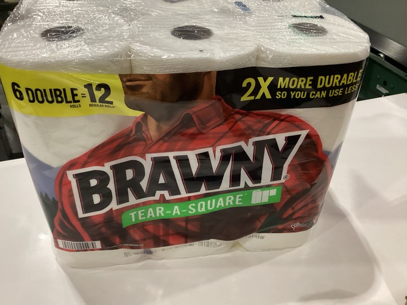 Condition photo showing New/Like New for brawny tear-a-square paper towels, 6 double rolls = 12 regular rolls, 3 sheet sizes (quarter, half, full), strength for all messes, cleanups, and meal prep double 100 sheet (pack of 6)