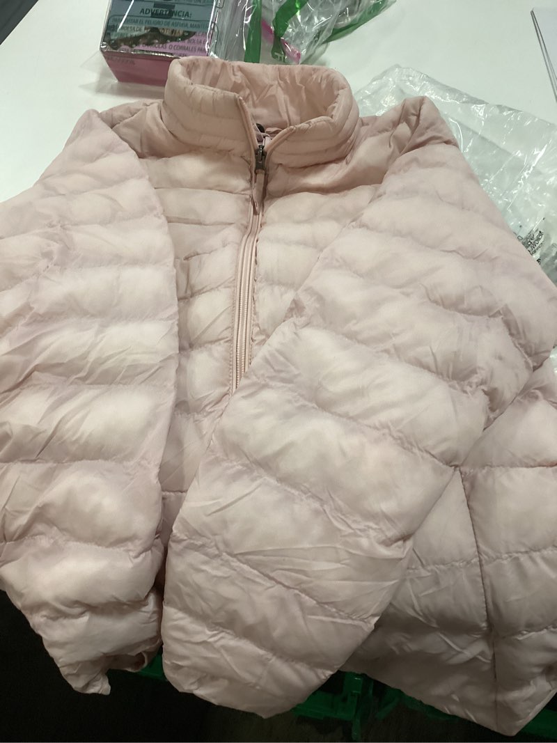 Condition photo showing As Is for Amazon Essentials Girls' Lightweight Water-Resistant Packable Mock Puffer Jacket, light Pink, Medium