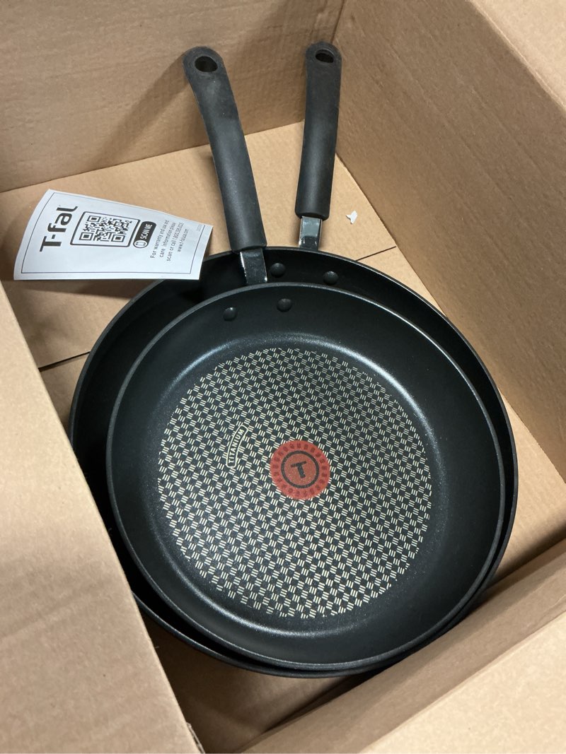 Condition photo showing As Is for T-fal Ultimate Hard Anodized Nonstick Fry Pan Set 3 Piece: 8, 10.25, & 12 Inch, Oven Broiler Safe 400F, Kitchen Cookware Set, Pots and Pans Set Non Stick, Frying Pans, Skillets, Dishwasher Safe, Black 3-Piece Set