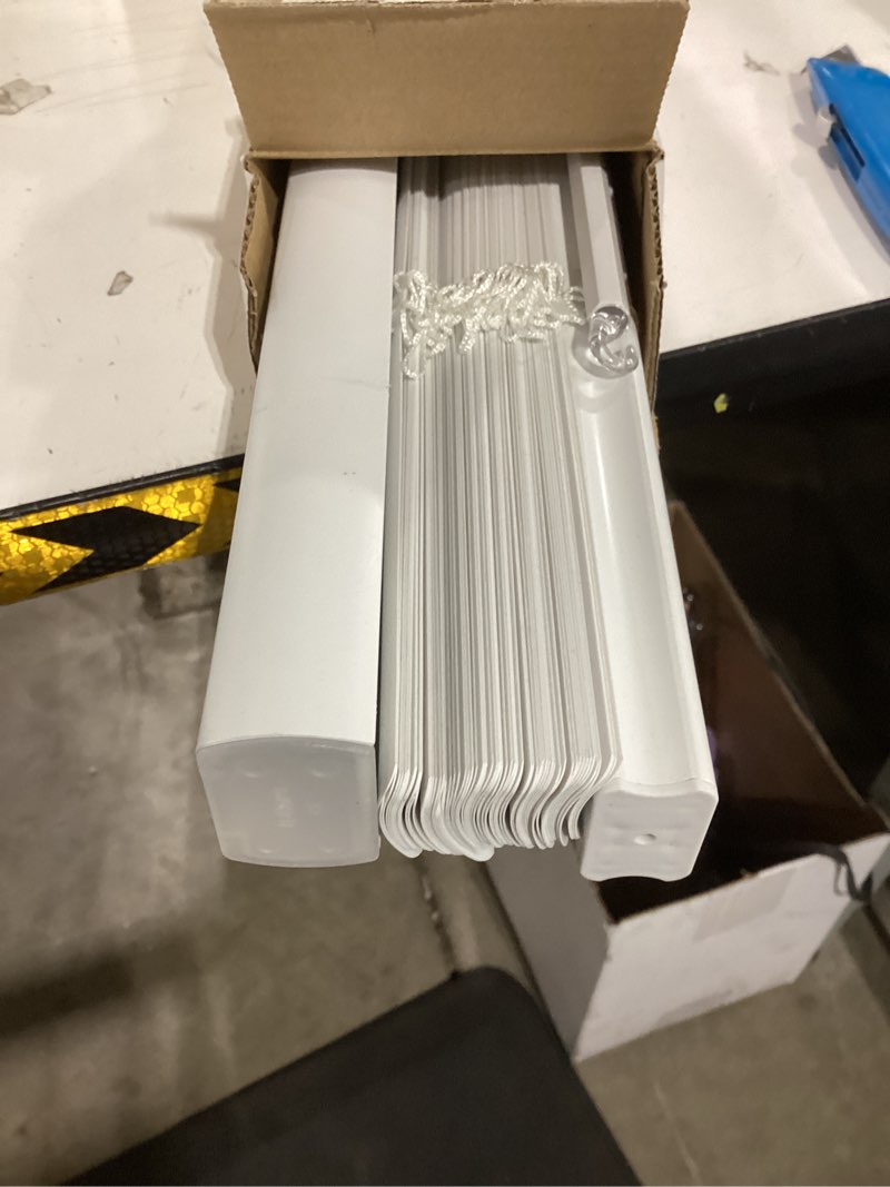 Condition photo showing Good Condition for 1k+ bought last week project source light filtering 1-in slat width 29-in x 64-in cordless white vinyl light filtering mini