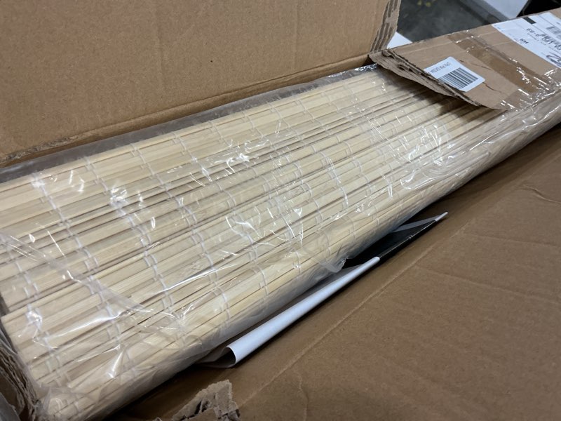 Condition photo showing New/Like New for lazblinds no tools no drill cordless bamboo roman shades, privacy room darkening window treatment, roll up bamboo blinds for window 32'' w x 64'' h, dp-natural dp-natural 32'' w x 64'' h