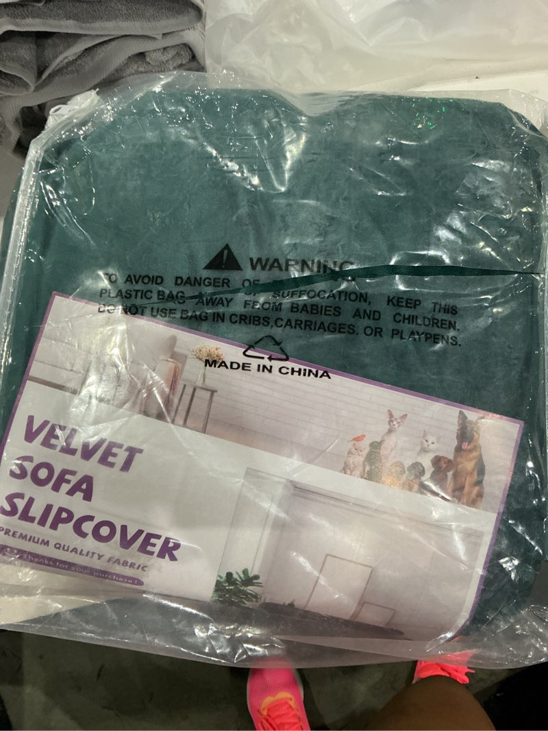 Condition photo showing As Is for weerrw 4 pieces velvet high stretch couch covers for 3 cushion couch sofa slipcovers, washable furniture protector with non slip elastic bottom, feature soft plush fabric, emerald green, large large emerald green