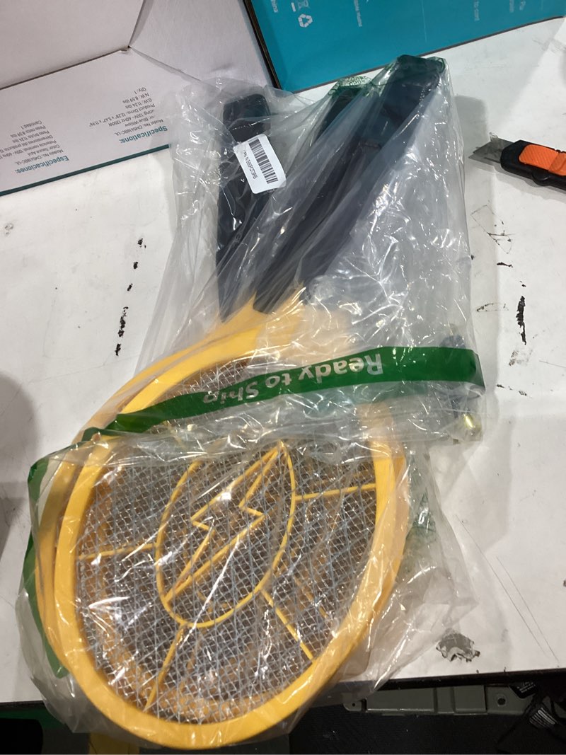 Condition photo showing New/Like New for qualirey 4 pack electric fly swatter handheld bug zapper, indoor outdoor 17. 3" zapping racket for pest mosquito & flies, battery powered safe to touch with 3-layer safety mesh