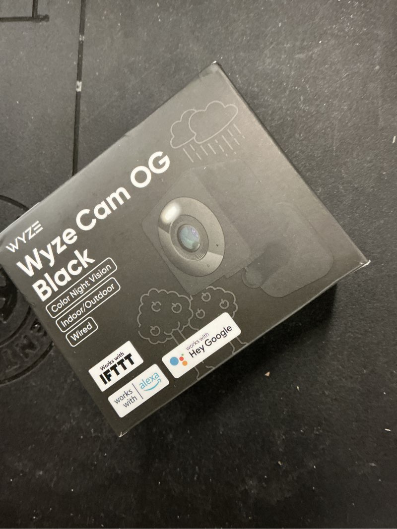 Condition photo showing New/Like New for wyze cam og indoor/outdoor 1080p wi-fi smart home security camera with color night vision, built-in spotlight, motion detection, 2-way audio, compatible with alexa & google assistant, black