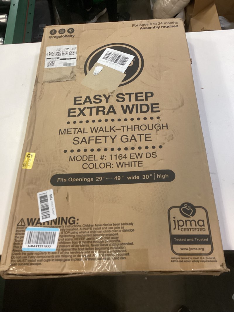 Condition photo showing New/Like New for regalo easy step 49-inch extra wide baby gate, includes 4-inch and 12-inch extension kit, 4 pack of pressure mount kit and 4 pack of wall mount kit white 29-49"w x 30"h