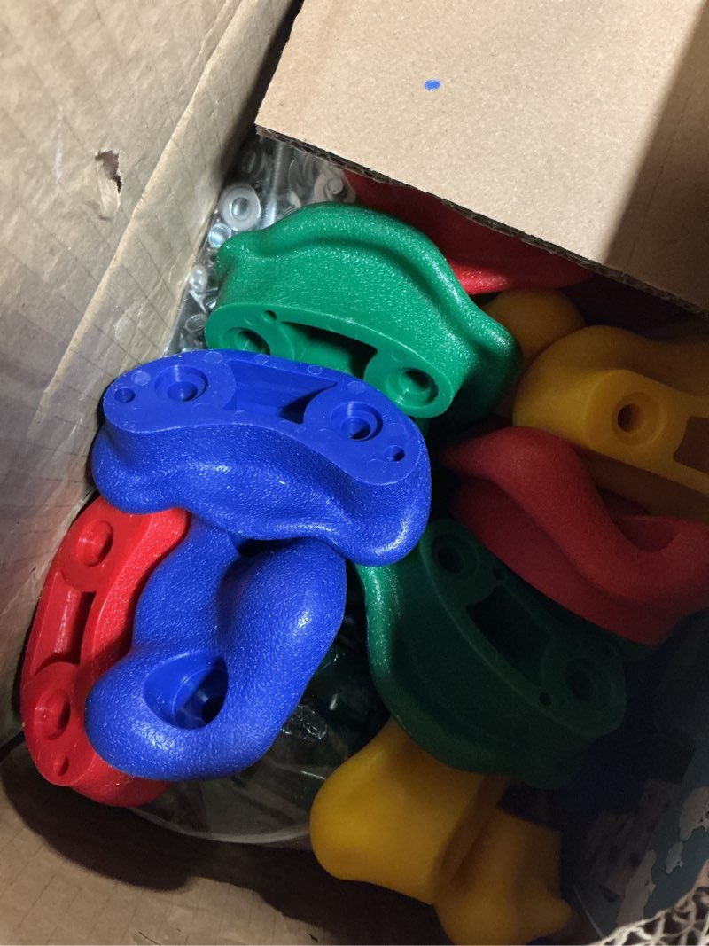 Condition photo showing New/Like New for 25 pcs colourful pig nose shape rock climbing holds with blue & green auxiliary handles, indoor outdoor playground wooden play set build exercise toy accessory - mounting hardware kit included