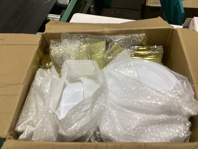 Condition photo showing As Is for bestvip 700 pcs gold dinnerware set for 100 guests, plastic dinnerware set for party, christmas, include: 200 plastic plates, 100 gold silverware, 100 cups, 100 paper napkins 100 guests gold