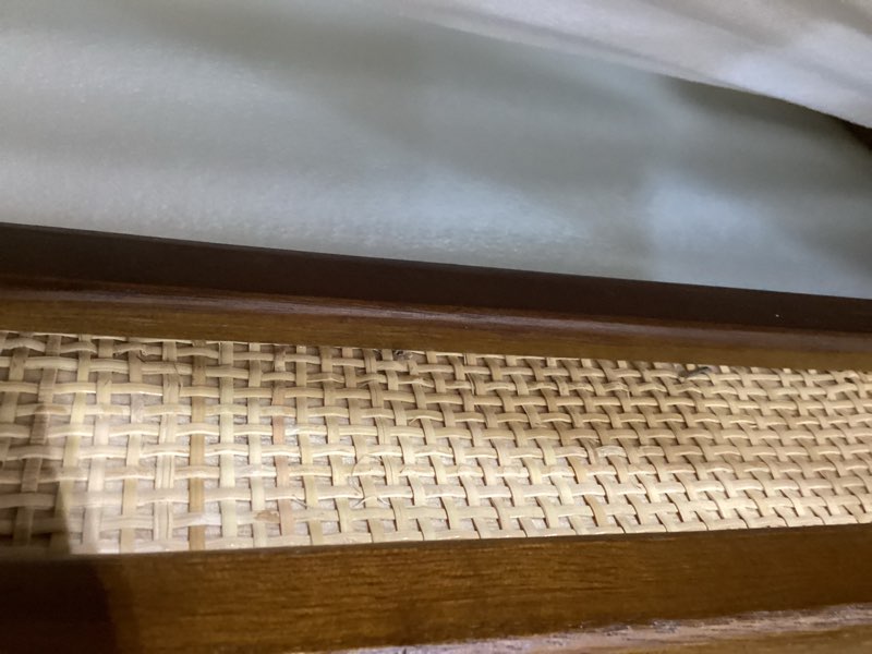 Condition photo showing Good Condition for rattan wall mirror with wooden framed 24 x 32 inch farmhouse rectangle wood mirror for modern decorative bathroom, living room, entryway, bedroom (walnut)