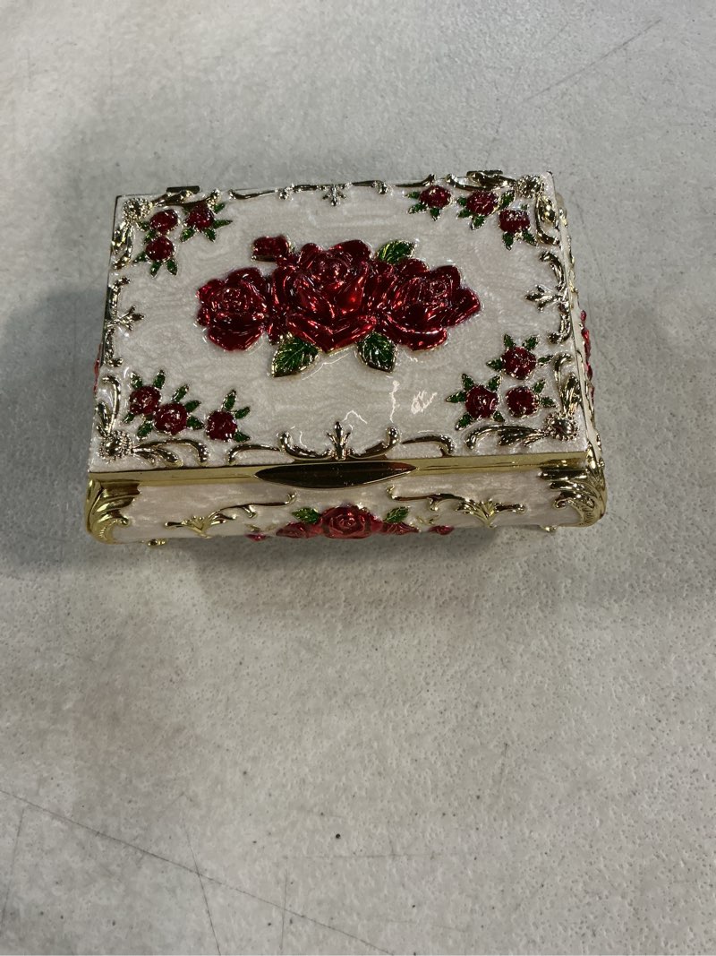Condition photo showing Good Condition for elldoo vintage music box, beige metal musical jewelry box keepsake box, small trinket jewelry storage box gift for girl women (tune: you are my sunshine), red rose pattern