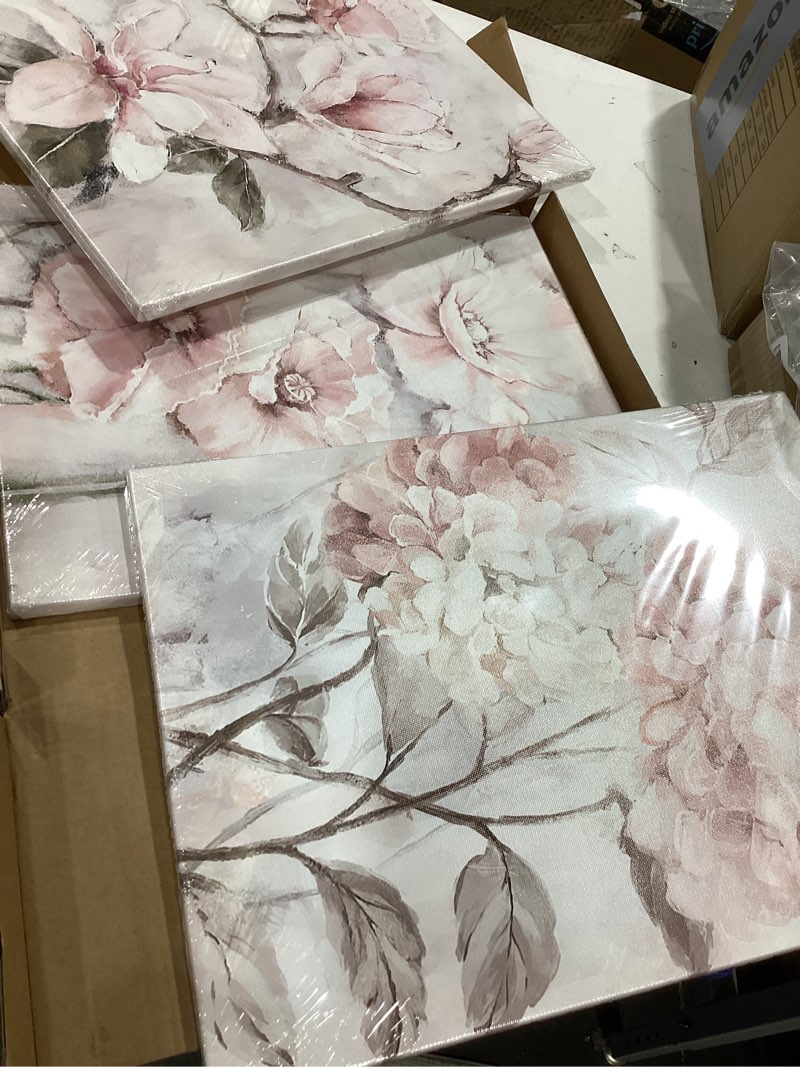 Condition photo showing Good Condition for pennimor 3pcs framed flower canvas wall art, 12x16in botanical floral wood wall decor, light pink and grey plant artwork printing for living room bathroom bedroom home farmhouse decoration botanical wall art 03 framed 12x16in*3pcs