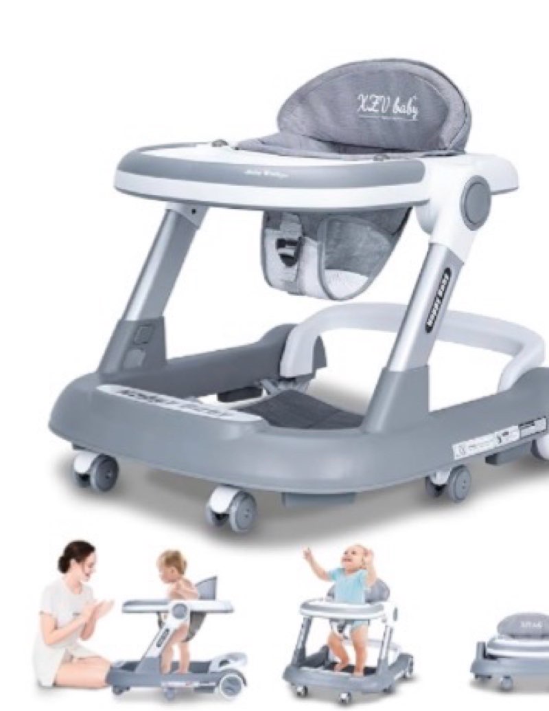 Baby Walker with Wheels 4 in 1 Foldable Activity Center with Mute Wheels Adjustable Heights Anti-Fall Activity Center for Boys Girls Safe Infant Toddler Walker with Footrest for 6-24 Months Grey White