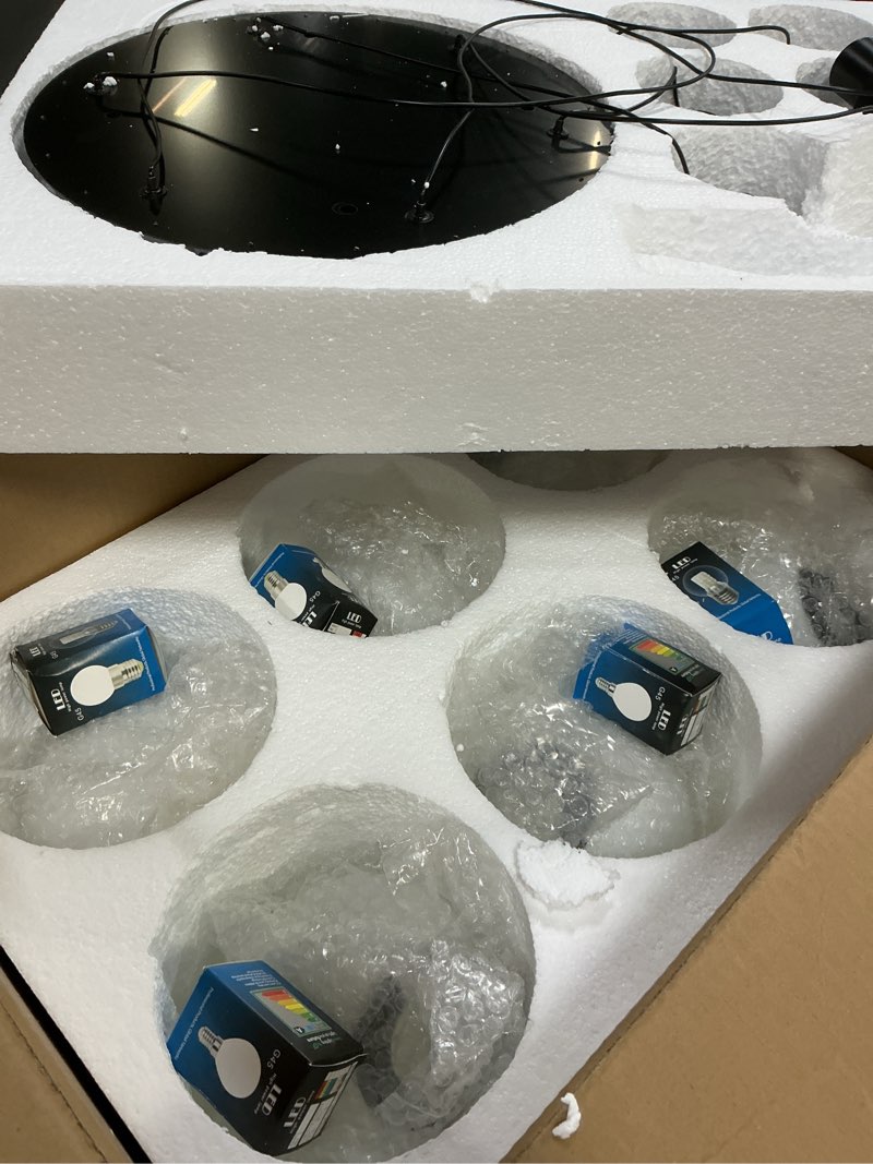 Condition photo showing Good Condition for 6-Light Black Chandelier with White Globe Glass Dimmable Ceiling Light Glass Pendant Light for Kitchen Island, Dining Room, Living Room, Entry Hallway, LED Bulbs Included Black-White 6-Light