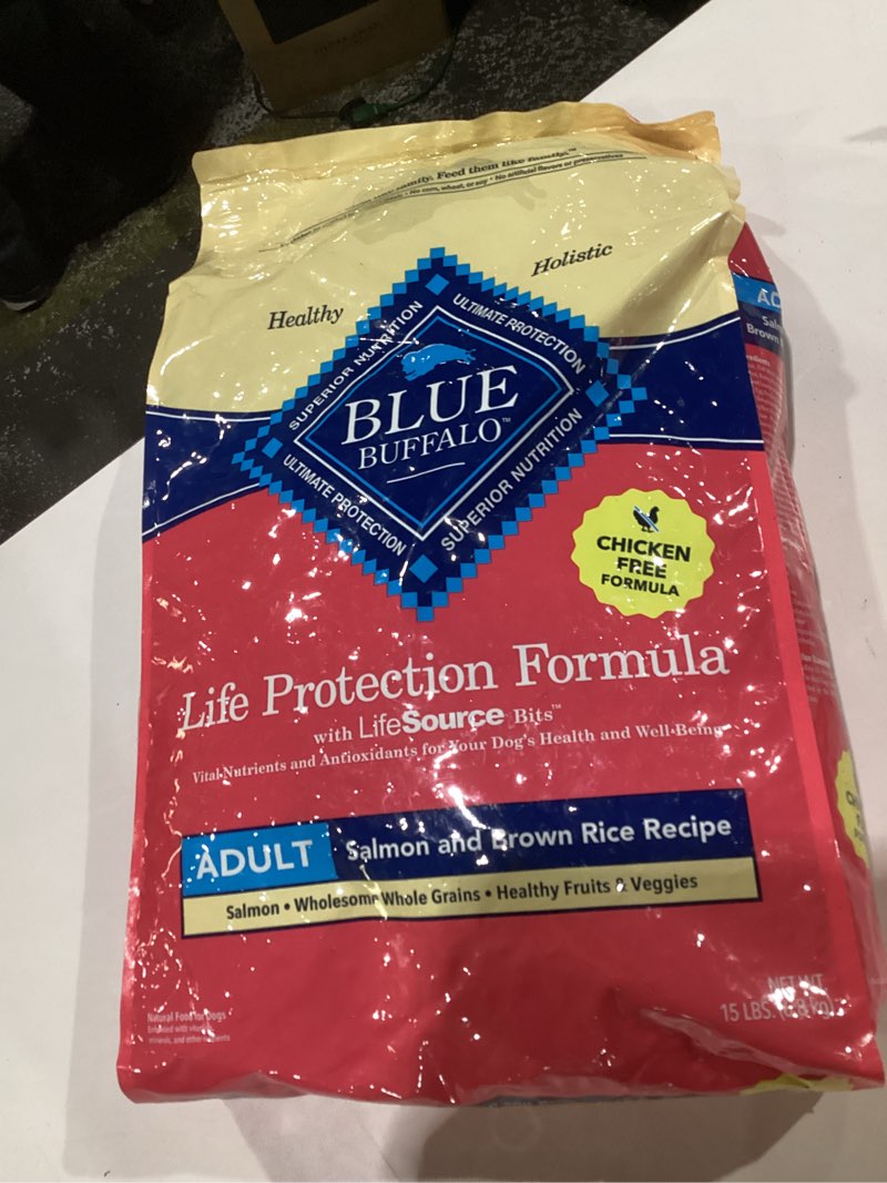 Condition photo showing Good Condition for blue buffalo life protection formula adult dry dog food, helps build and maintain strong muscles, made with natural ingredients, salmon & brown rice recipe, 15-lb. bag, best by 9/12/2026