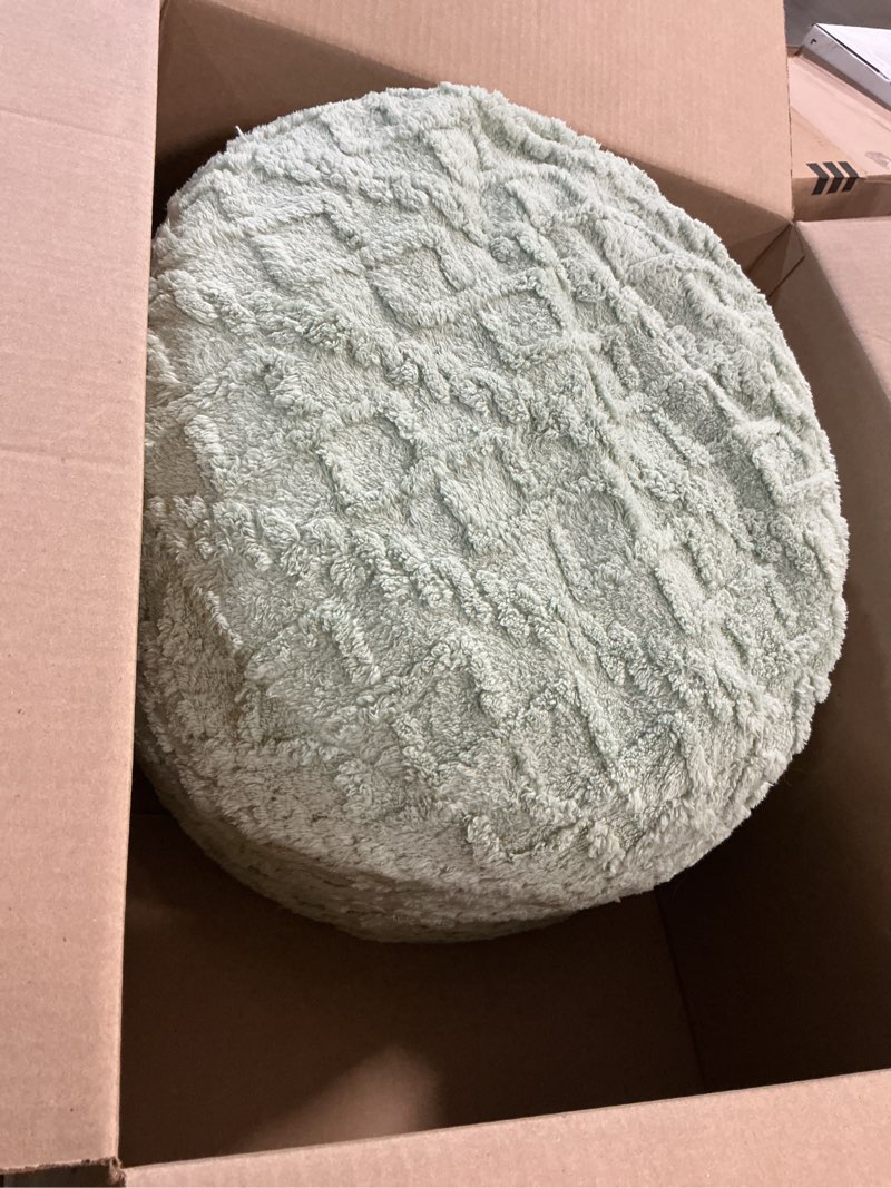 Condition photo showing Good Condition for Round Stuffed Pouf Ottoman for Foot Rest, Faux Fur Poufs with Foam Chunk Filling, Storage Ottoman Pouf Foot Stool Cushion, 20 X 15 InchFloor Poufs Foot Rest for Living Room Bedroom Home Decor (Green) Green 20"D x 20"W x 16"H