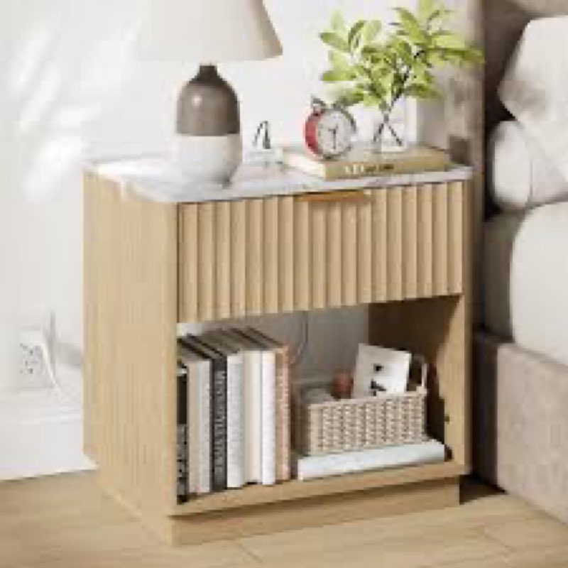 Schaitman 23.6''W 1-Drawer Nightstand with Open Cubby, Wood Nightstand with Built-In Outlets Color: Natural Oak