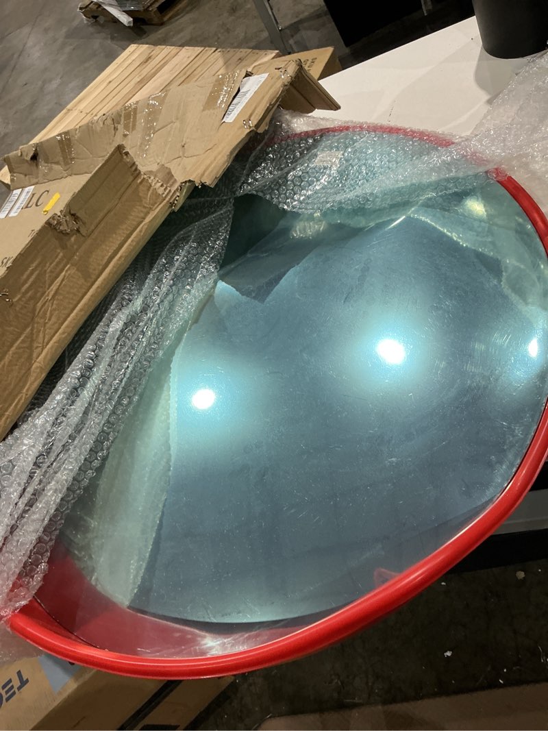 Condition photo showing As Is for reliancer 32" convex security mirror,curved safety traffic road driveway mirror,adjustable safety corner surveillance mirrors,outdoor indoor blind spot mirrors for garage parking lot shop office