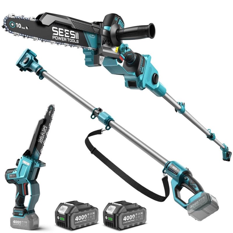 seesii 10" 2-in-1 cordless pole saw & mini chainsaw, 21v brushless tree trimmer, 2×4.0ah batteries