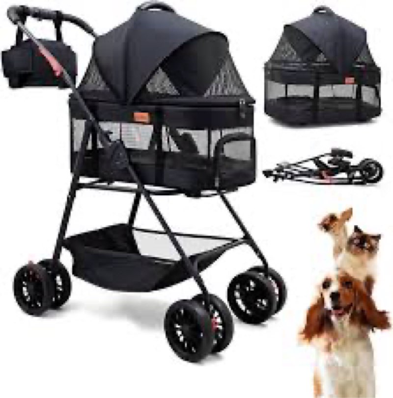 bicystar pet stroller for small dogs cats with wheels, detachable carrier, max load 33 lbs, easy fol