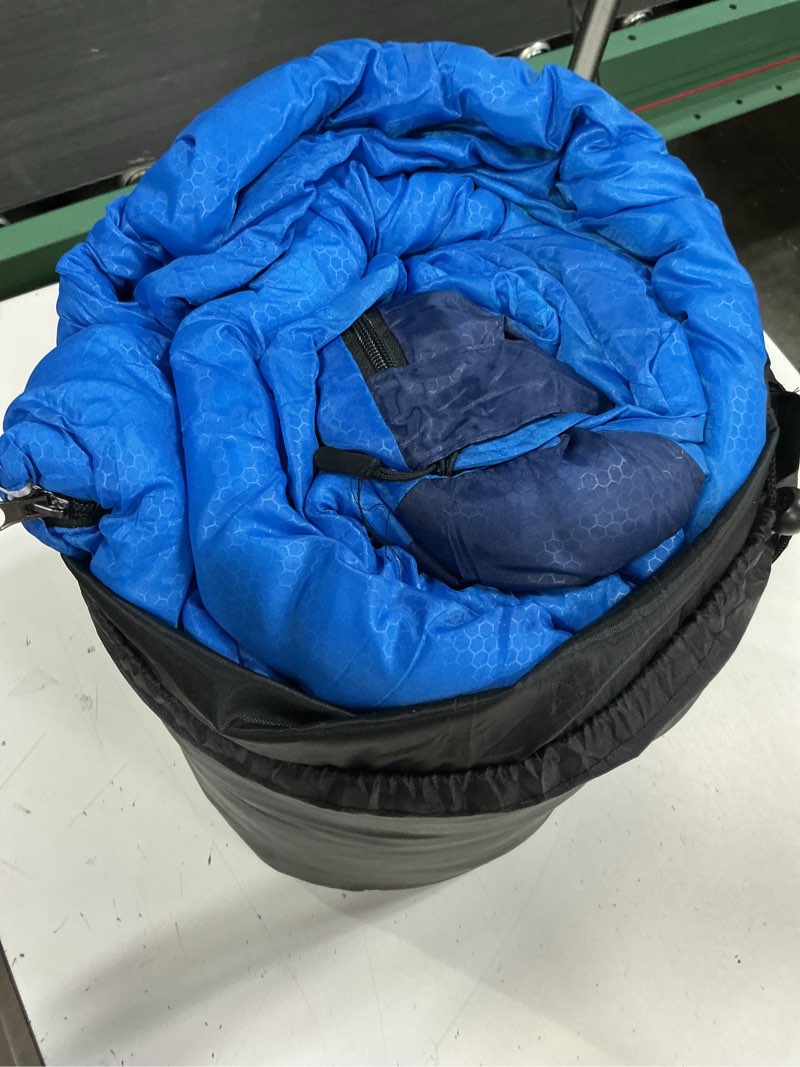 Condition photo showing As Is for sportneer sleeping bag for adults & kids, cold weather & warm waterproof camping sleeping bag, compact portable for camping hiking & travel light blue + dark blue 4.4lbs, 32-65?