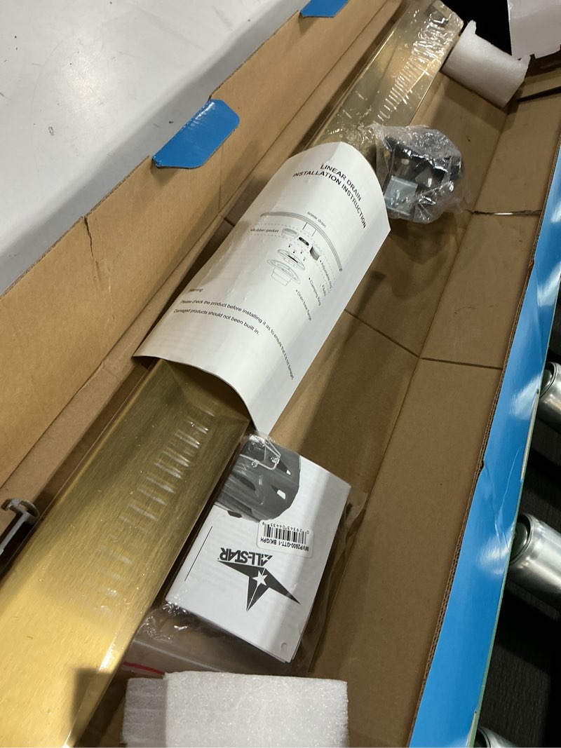 Condition photo showing Good Condition for sanitemodar linear shower drain, gold shower drain 36 inch with 2 in 1 flat and tile insert panel, aisi 304 stainless steel shower floor drain with hair strainer and leveling feet gold tile insert grate 36 inch