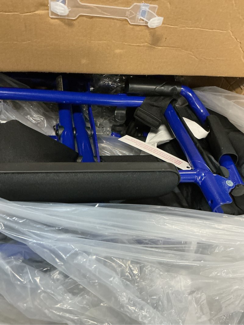 Condition photo showing New/Like New for Medline Ultra Lightweight Transport Wheelchair for Adults, Foldable, 19-Inch Seat Width, Blue Frame, Black Upholstery Blue Wheelchair