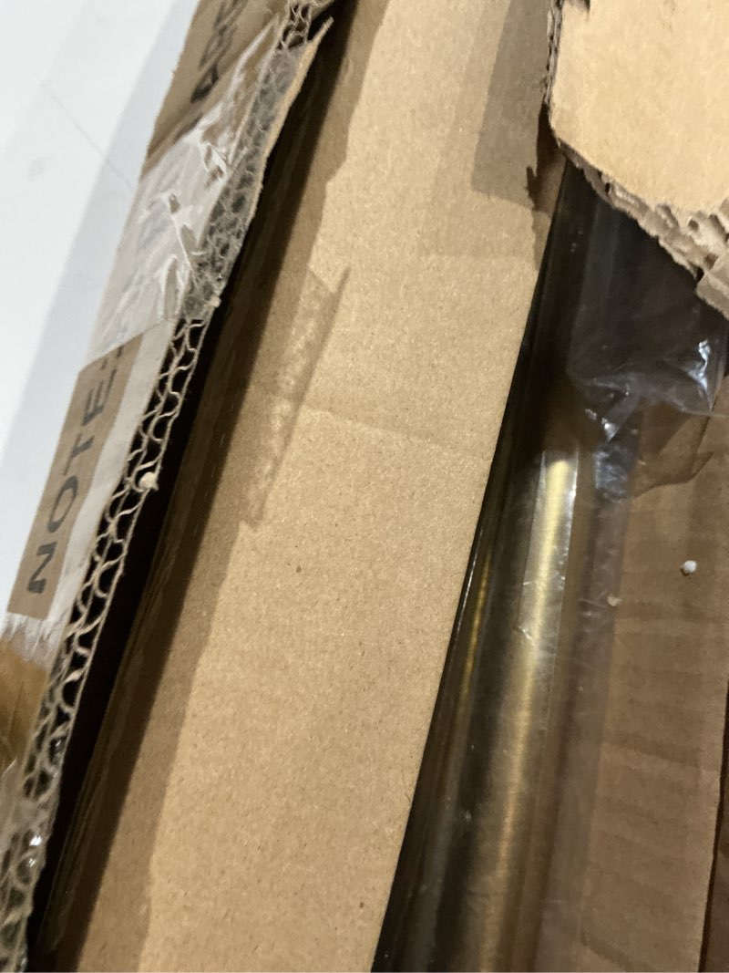 Condition photo showing As Is for warm gold bay window curtain rods with aluminum end cap finials and brackets,adjustable 32-86 inch center rod for windows (20-82’’), 32-58 inch side rods for windows (20-54’’),1 inch diameter 32-58"&32-86"&32-58"(3 sided) warm gold