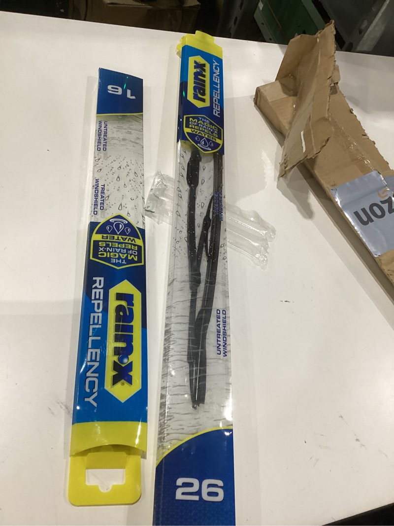 Condition photo showing As Is for rain-x 810348 repellency water repellent wiper blades, 26\" & 16\" windshield wipers, all weather streak-free for enhanced visibility w/water repellency formula [amazon exclusive] 26\" and 16\" water repellency, incomplete