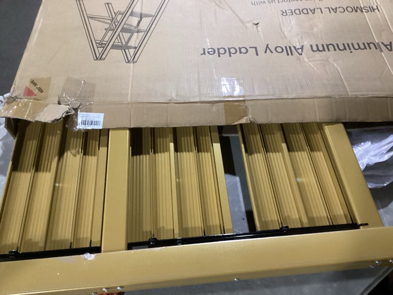 Condition photo showing Good Condition for foldable 3 step stool for closet/kitchen-aluminium gold step ladder stools, folding 330lbs lightweight ladders with anti-slip wide pedal, portable kids/adults golden 3 step